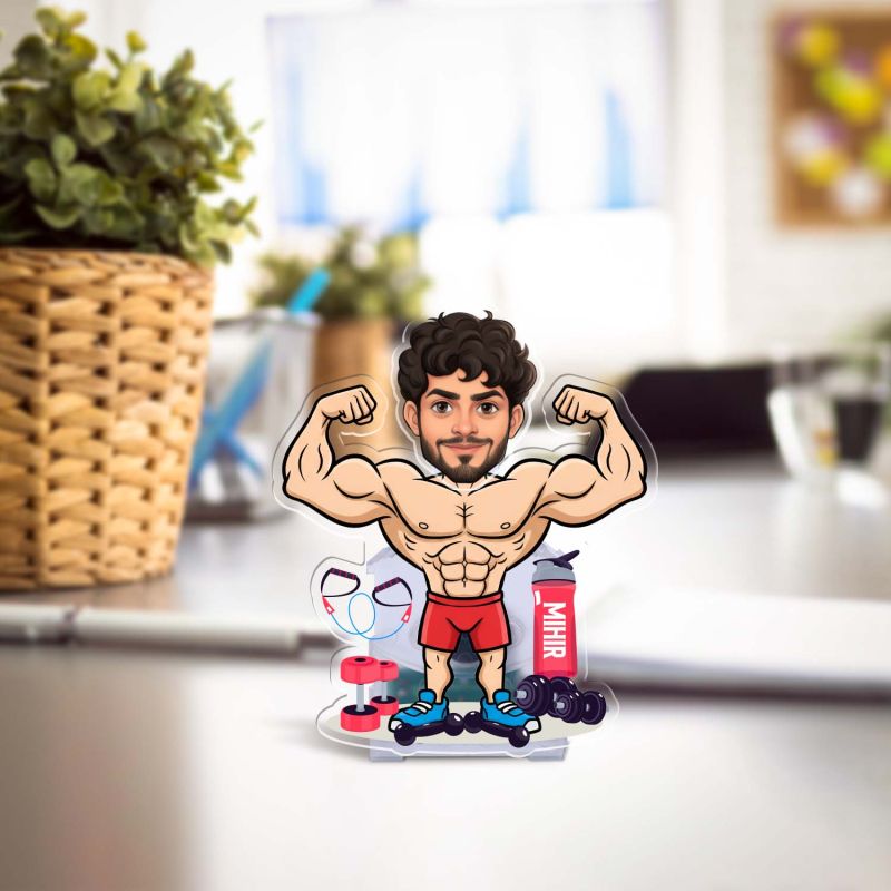 Personalized Caricature for Gym Lover with Shaking Head, Fitness Bodybuilder Theme, Custom Face Photo Cutout Gift for Friends, Boyfriend, Brother, Gym Trainer Solar Powered Moving Head